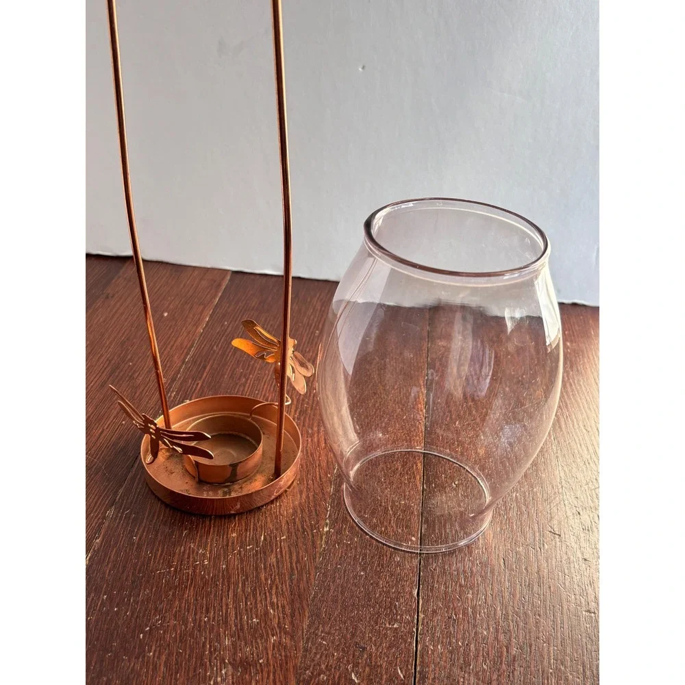 Copper Dragonfly Tea Light Candle Holder with Glass‎ Hurricane Shade Lantern 12